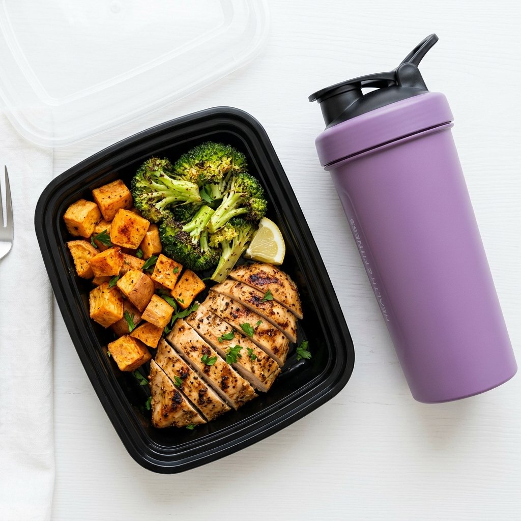 FitPanther Meal Prep Box and Purple Shaker Bottle